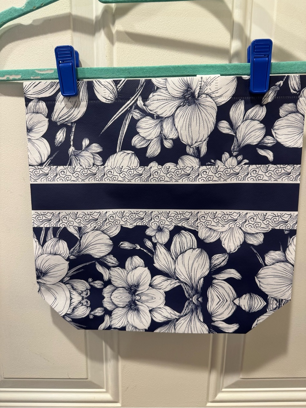 New Reusable Floral Stripe Tote Bag – Navy and White
